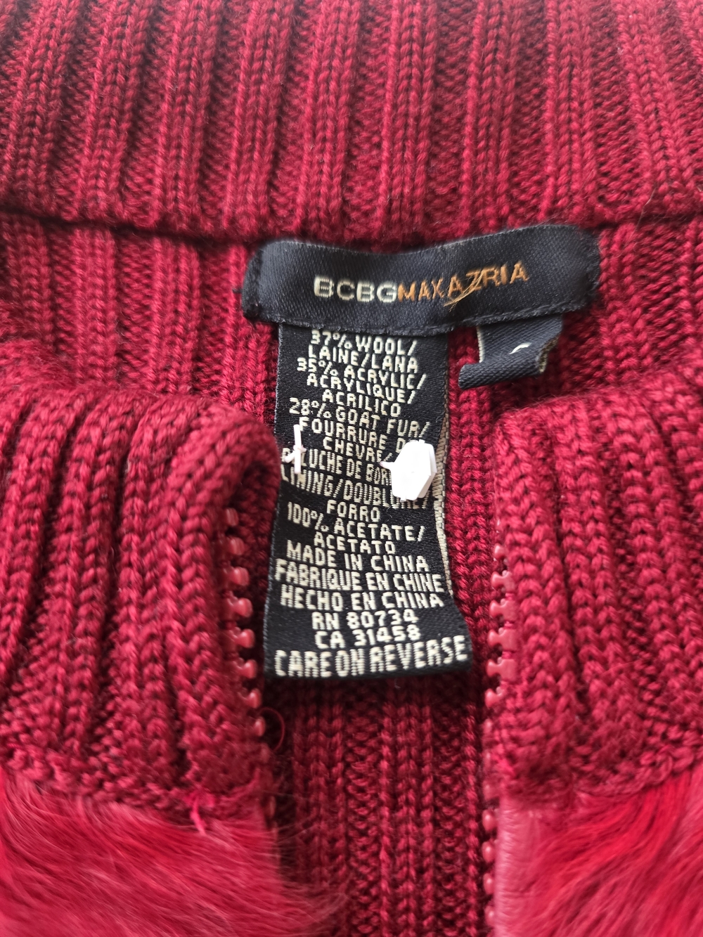 BCBG Red Rabbit Fur Zip Up - Picture 2 of 3